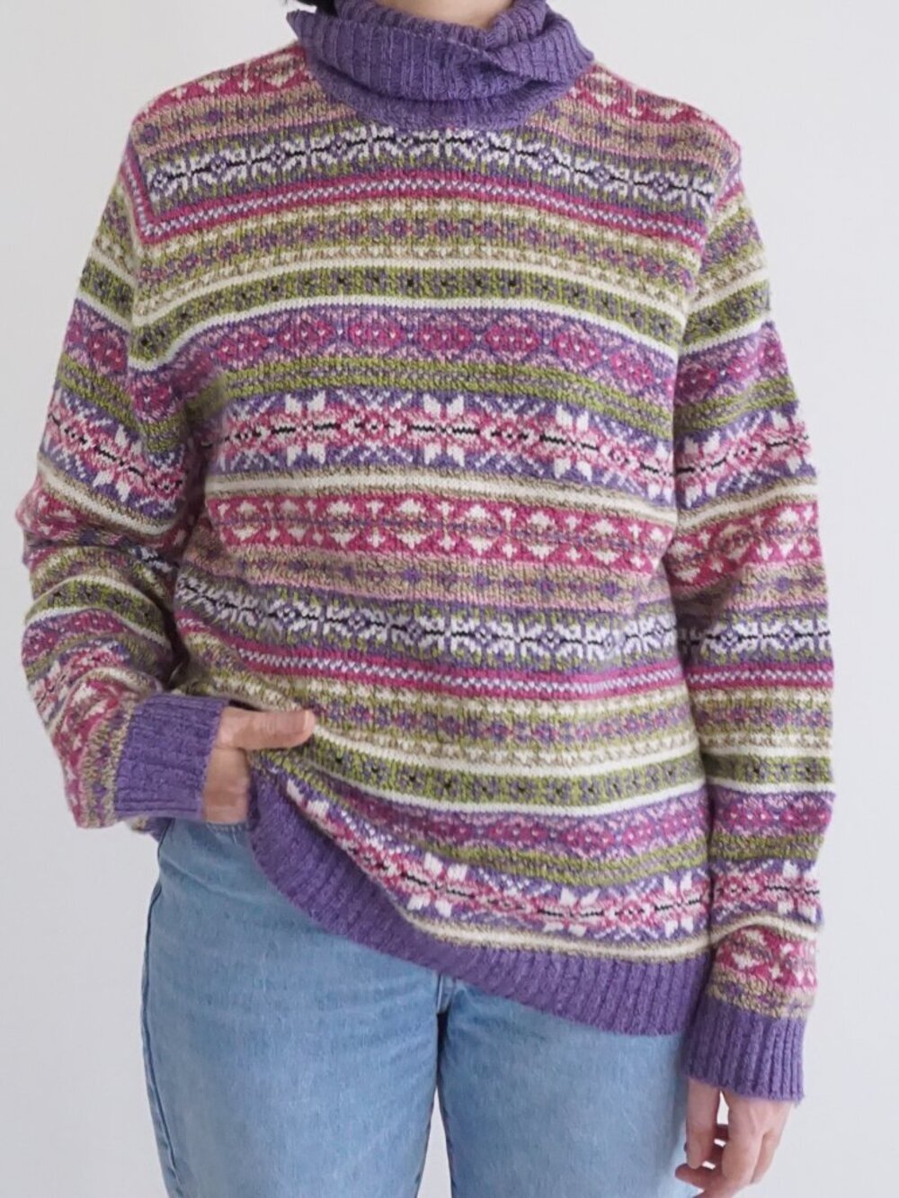 Vintage Carolyn Taylor Purple Fair Isle Nordic Pattern Turtleneck Sweater XL